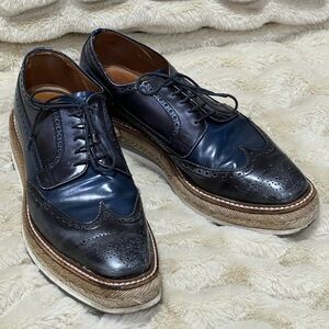 PRADA Men’s Leather Wingtip Shoes – Navy Blue | Espadrille Sole